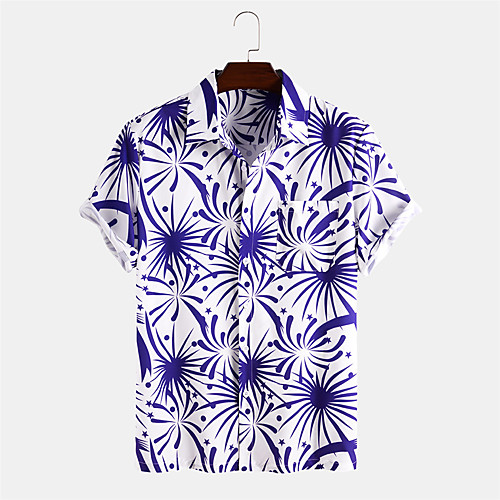 

Men's Shirt 3D Print Floral Button-Down Print Short Sleeve Daily Tops Ethnic Style Casual Blue / White