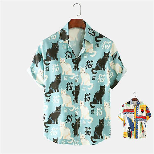 

Men's Shirt Other Prints Graffiti Animal Button-Down Print Short Sleeve Daily Tops Casual Hawaiian Blue Red