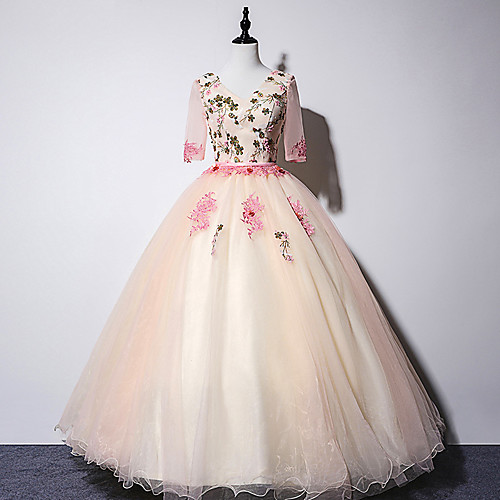 

Ball Gown Luxurious Floral Quinceanera Prom Dress V Neck Half Sleeve Floor Length Tulle with Embroidery Appliques 2021