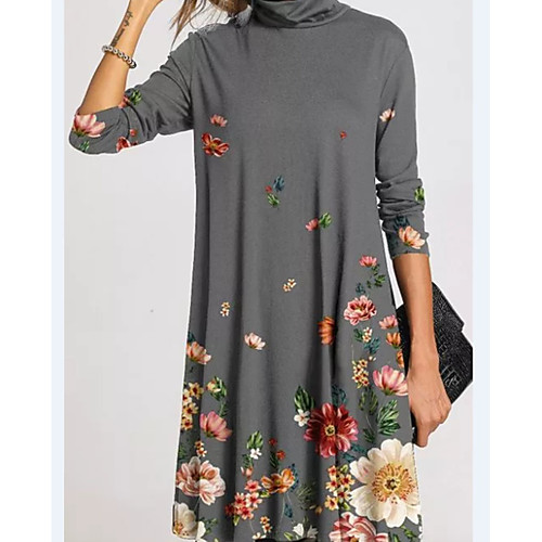 

Women's A Line Dress Knee Length Dress Black Gray Long Sleeve Floral Patchwork Print Fall Spring Casual 2021 S M L XL XXL 3XL 4XL 5XL