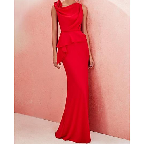 

Sheath / Column Minimalist Sexy Wedding Guest Formal Evening Dress Jewel Neck Sleeveless Floor Length Satin with Sleek 2021