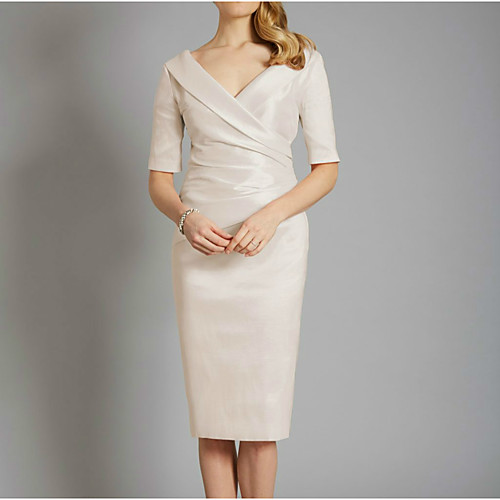 

Sheath / Column Mother of the Bride Dress Elegant V Neck Knee Length Satin Half Sleeve with Ruching 2021