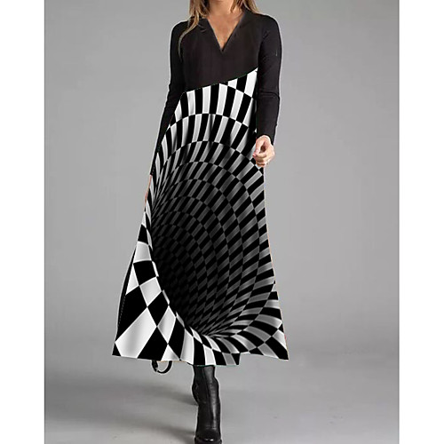 

Women's A Line Dress Maxi long Dress Black Long Sleeve Color Block Fall Winter Round Neck Casual 2021 S M L XL XXL 3XL