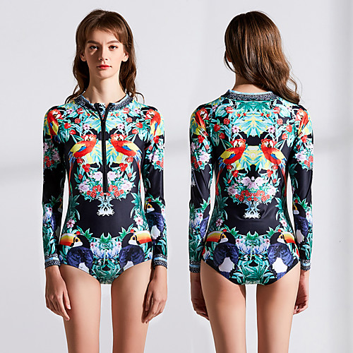 

Women's One Piece Swimsuit Rash Guard Elastane Swimwear Breathable Quick Dry Long Sleeve Front Zip - Swimming Surfing Water Sports Painting Autumn / Fall Spring Summer