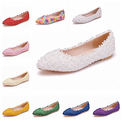 

Women's Wedding Shoes Flat Heel Pointed Toe Wedding Flats Vintage Sexy Minimalism Wedding Party & Evening PU Satin Flower Lace Flower Solid Colored White Purple Yellow
