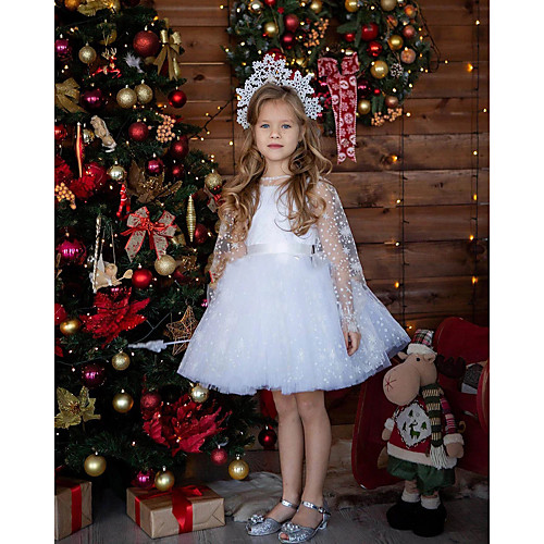 

Princess / A-Line Knee Length Wedding / Party Flower Girl Dresses - Lace / Tulle Long Sleeve Jewel Neck with Appliques