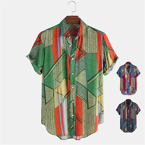 

Men's Shirt Other Prints Geometry Button-Down Print Short Sleeve Daily Tops Casual Hawaiian Blue Green Light Blue