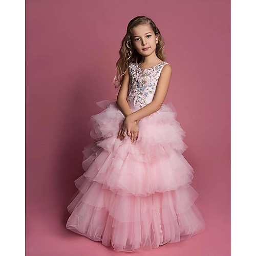 

Princess / Ball Gown Floor Length Wedding / Party Flower Girl Dresses - Lace / Tulle Sleeveless Jewel Neck with Tier / Appliques