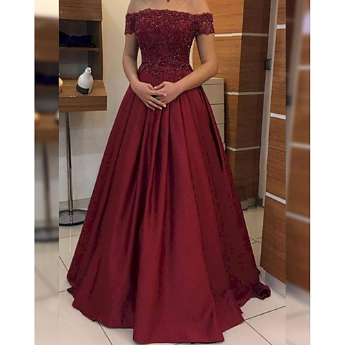 

A-Line Minimalist Elegant Wedding Guest Prom Dress Off Shoulder Sleeveless Floor Length Satin with Pleats Appliques 2021
