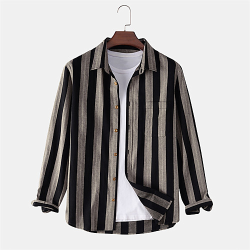 

Men's Shirt Other Prints Striped Button-Down Print Long Sleeve Daily Tops 100% Cotton Ethnic Style Casual Black