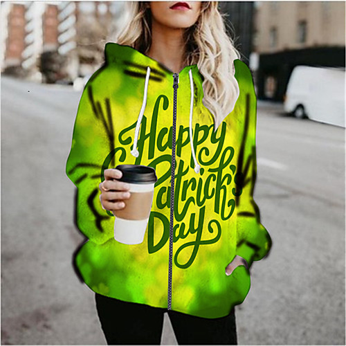 

Women's Plants Print Active Spring & Fall Hoodied Jacket Regular Daily Long Sleeve Air Layer Fabric Coat Tops Green