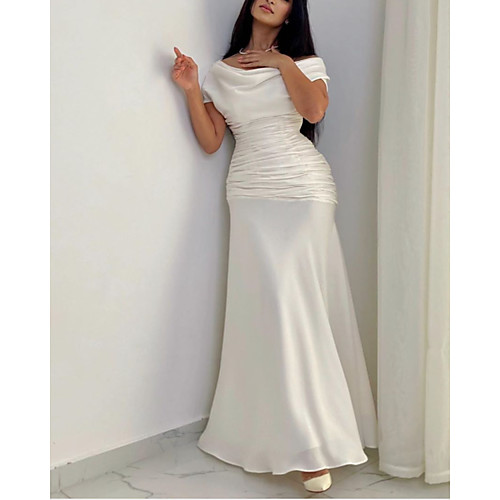 

Sheath / Column Minimalist Elegant Wedding Guest Formal Evening Dress Off Shoulder Short Sleeve Floor Length Chiffon Satin with Ruched 2021