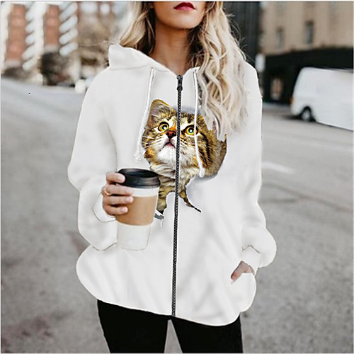

Women's Print Patchwork Active Spring & Fall Hoodied Jacket Regular Sports Long Sleeve Cotton Blend Coat Tops White