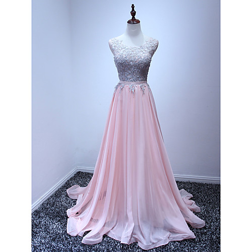 

A-Line Elegant Floral Engagement Formal Evening Dress Jewel Neck Sleeveless Sweep / Brush Train Chiffon with Appliques 2021