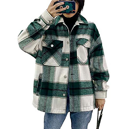 

Womens Wool Blend Plaid Lapel Button Short Pocketed Shacket Shirts Coats(Green-M)