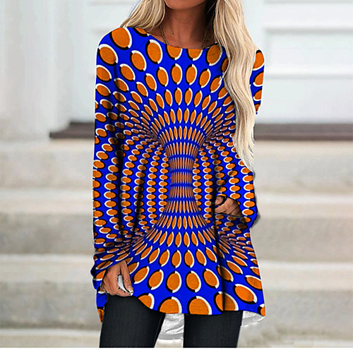 

Women's T Shirt Dress Tee Dress Short Mini Dress Orange Long Sleeve Color Block Paisley Geometric Print Fall Spring Round Neck 3D Print Casual 3D Print S M L XL XXL 3XL