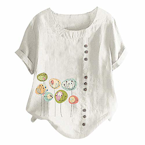

Womens Plus Size Tops Crew Neck Short Sleeve Floral Print Button Down T-Shirt Summer Casual Blouse (002 White,L)