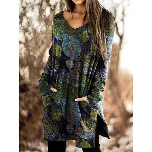 

Women's Sweater Jumper Dress Knee Length Dress Green Long Sleeve Color Gradient Fall Winter V Neck Casual Linen S M L XL XXL 3XL