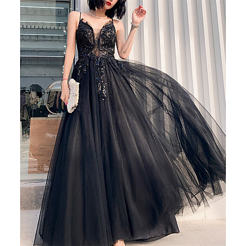 

A-Line Sparkle Sexy Wedding Guest Formal Evening Dress V Neck Sleeveless Floor Length Tulle with Pleats Sequin 2021