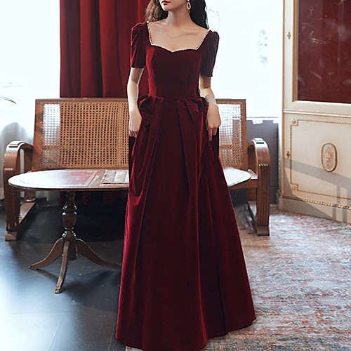 

A-Line Beautiful Back Sexy Wedding Guest Formal Evening Dress Scoop Neck Short Sleeve Floor Length Velvet with Crystals 2021