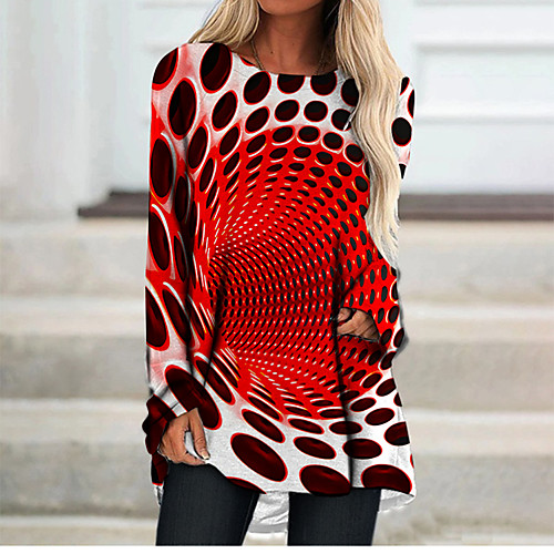 

Women's T Shirt Dress Tee Dress Short Mini Dress Orange Long Sleeve Color Block Geometric Print Fall Spring Round Neck 3D Print Casual 3D Print S M L XL XXL 3XL