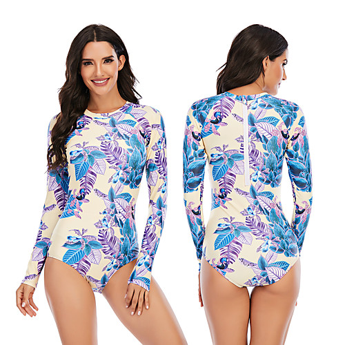 

Women's One Piece Swimsuit Rash Guard Elastane Swimwear Breathable Quick Dry Long Sleeve Back Zip - Swimming Surfing Water Sports Painting Autumn / Fall Spring Summer