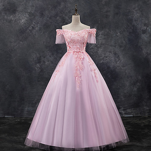 

Ball Gown Luxurious Floral Quinceanera Prom Dress Off Shoulder Short Sleeve Floor Length Tulle with Sash / Ribbon Appliques 2021