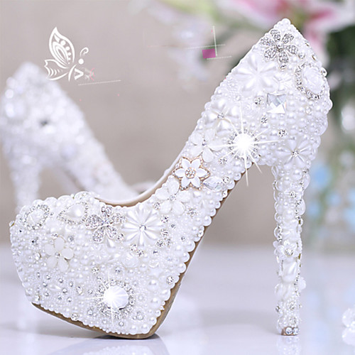 

Women's Wedding Shoes Platform Round Toe Wedding Pumps Vintage Sexy Roman Shoes Wedding Party & Evening PU Rhinestone Pearl Sparkling Glitter Solid Colored Color Block White