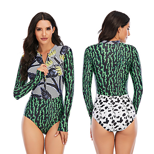 

Women's One Piece Swimsuit Rash Guard Elastane Swimwear Breathable Quick Dry Long Sleeve Front Zip - Swimming Surfing Water Sports Painting Autumn / Fall Spring Summer