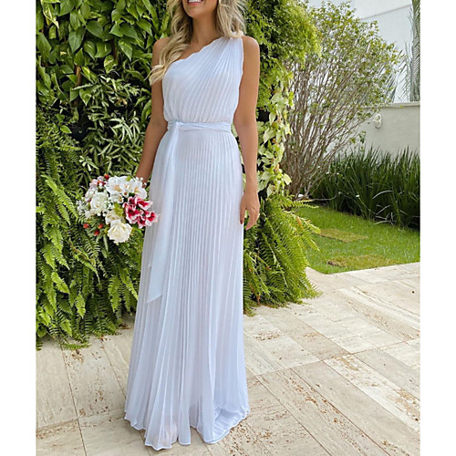 

A-Line Minimalist Elegant Engagement Formal Evening Dress One Shoulder Sleeveless Floor Length Chiffon with Pleats 2021