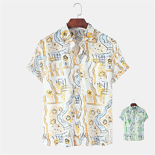 

Men's Shirt Other Prints Graffiti Button-Down Print Short Sleeve Daily Tops 100% Cotton Casual Hawaiian Yellow Green