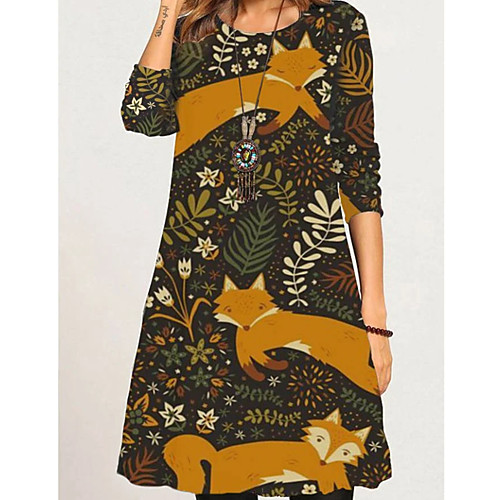 

Women's Shift Dress Knee Length Dress Brown 3/4 Length Sleeve Animal Patchwork Print Fall Round Neck Casual 2021 S M L XL XXL 3XL 4XL 5XL