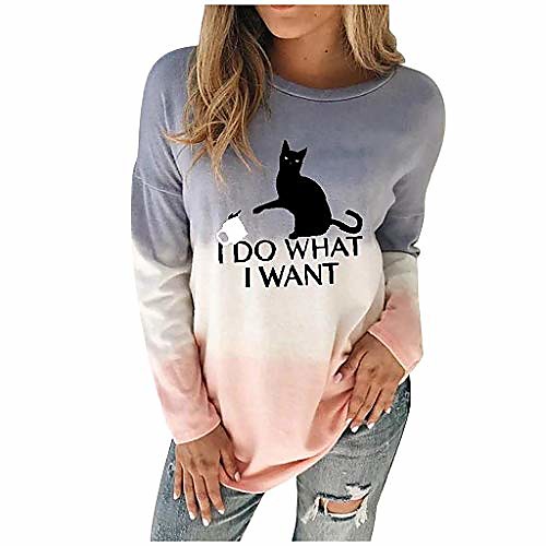 

Women Plus Size I Do What I Want Letter Printed Cat Sweatshirt Women Tie Dyed Colour Gradient Pullover Sweatshirts Cat Lover Cute Girls Casual Tops Blouse (Blue, 12)