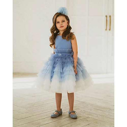 

Princess / Ball Gown Knee Length Wedding / Party Flower Girl Dresses - Tulle Sleeveless Jewel Neck with Tier / Color Block