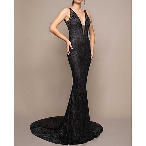 

Mermaid / Trumpet Beautiful Back Sexy Engagement Formal Evening Dress V Neck Sleeveless Court Train Sequined with Sequin 2021