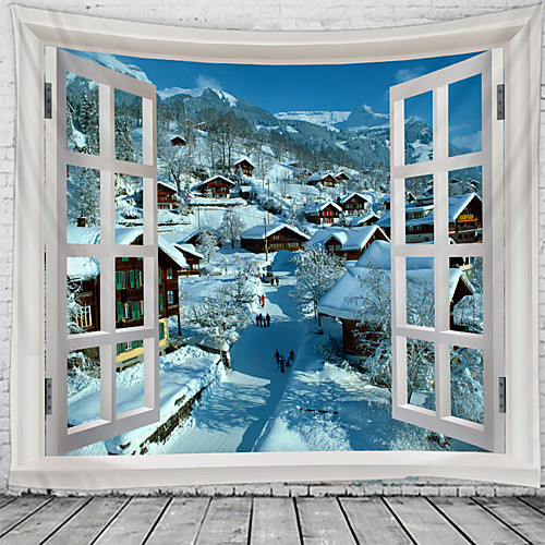 

Window Landscape Wall Tapestry Art Decor Blanket Curtain Hanging Home Bedroom Living Room Decoration House Cabin Snow Town