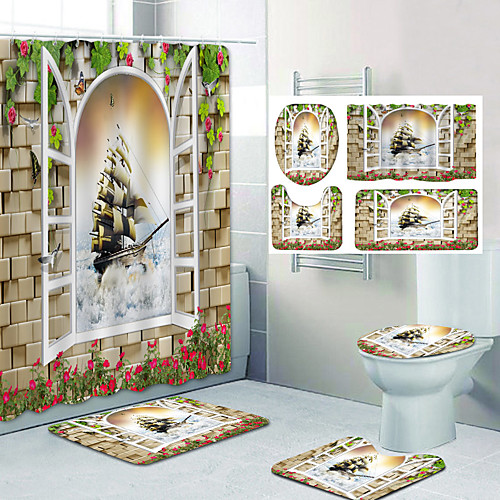 

Bathroom Shower Curtain & Mat Set Classic Polyester Waterproof