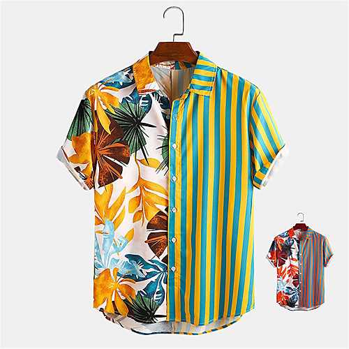 

Men's Shirt Other Prints Striped Plants Button-Down Print Short Sleeve Daily Tops Casual Hawaiian Red Yellow