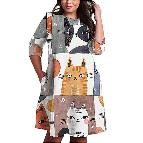 

Women's Plus Size Cat Animal Print Casual 3/4 Length Sleeve Fall Knee Length Dress Shift Dress