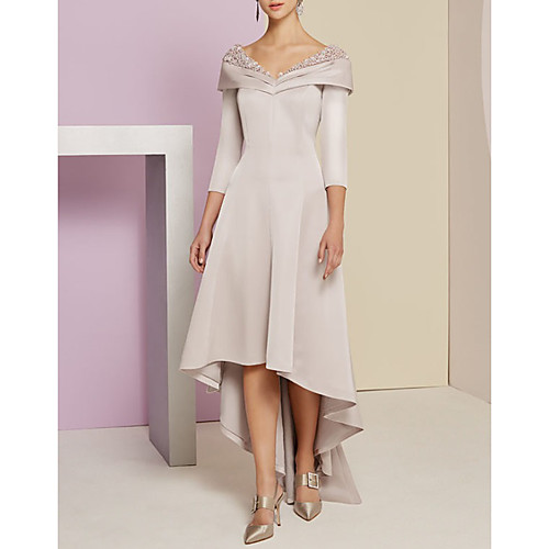 

A-Line Mother of the Bride Dress Elegant Vintage V Neck Asymmetrical Satin 3/4 Length Sleeve with Beading 2021