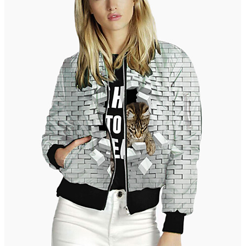 

Women's 3D Print Print Active Spring & Fall Jacket Regular Daily Long Sleeve Polyster Coat Tops White