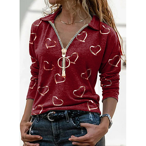 

Women's Tunic Blouse Heart Long Sleeve Print V Neck Tops Casual Basic Top White Black Blue
