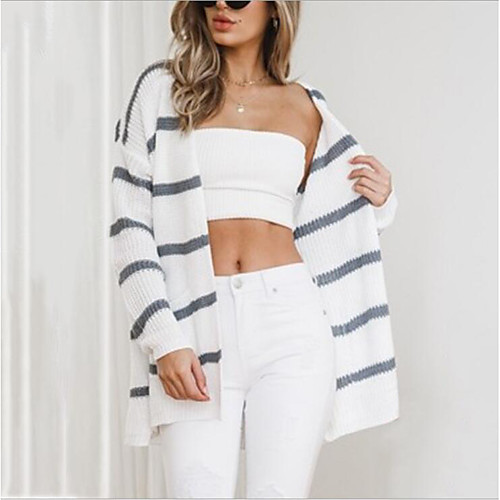 

Women's Striped Cardigan Long Sleeve Sweater Cardigans V Neck Fall White Wine Navy Blue