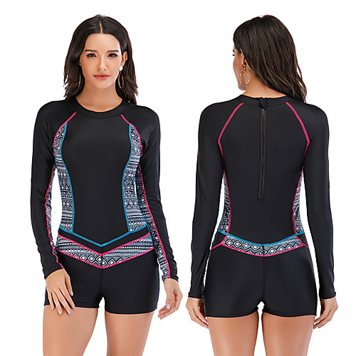 

Women's One Piece Swimsuit Rash Guard Elastane Swimwear Breathable Quick Dry Long Sleeve Back Zip - Swimming Surfing Water Sports Painting Autumn / Fall Spring Summer