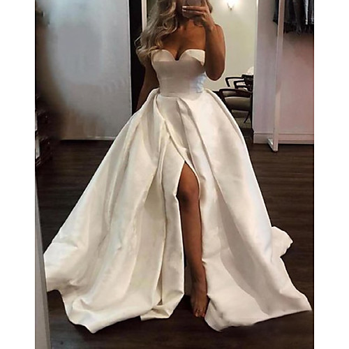 

A-Line Wedding Dresses Off Shoulder Sweep / Brush Train Satin Sleeveless Simple with Split Front 2021