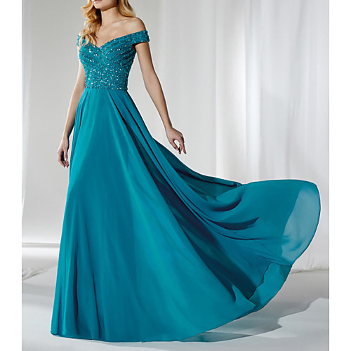 

A-Line Glittering Sexy Engagement Formal Evening Dress Off Shoulder Sleeveless Sweep / Brush Train Chiffon with Sequin 2021