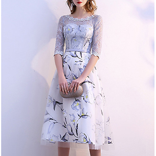 

A-Line Mother of the Bride Dress Elegant Jewel Neck Tea Length Jersey Half Sleeve with Lace Flower 2021