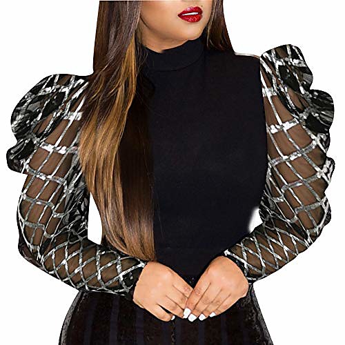 

Women's Elegant Sequin Mesh Sheer Puff Long Sleeve Mock Neck Slim Fit Party Blouse Shirt Top Silver S