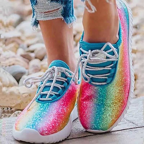 

Women's Trainers Athletic Shoes Flat Heel Round Toe Casual Daily Walking Shoes PU Sequin Lace-up Color Block Purple Red Blue / Booties / Ankle Boots
