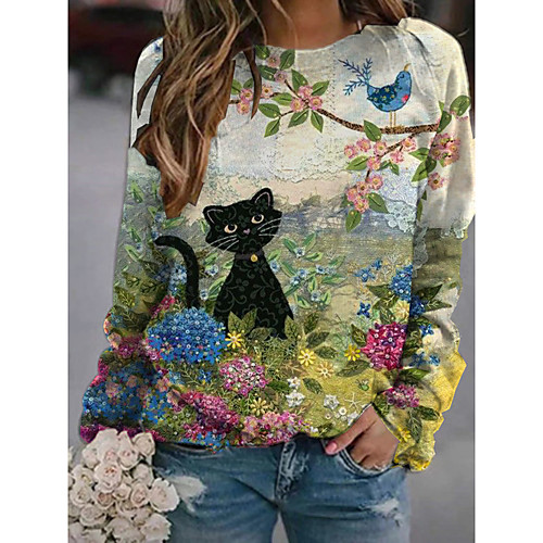 

Women's Pullover Sweatshirt Cat Graphic 3D Print Daily 3D Print Basic Casual Hoodies Sweatshirts Green